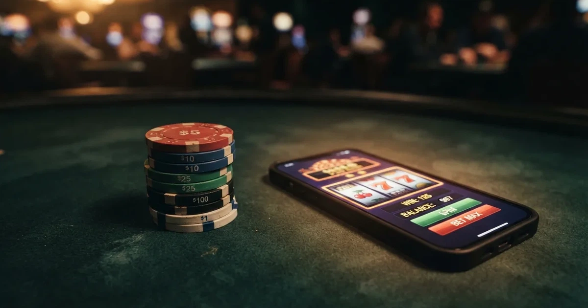 Een stapel euromunten van €5 naast een smartphone met een casino-app op het scherm, tegen een donkergroene achtergrond.