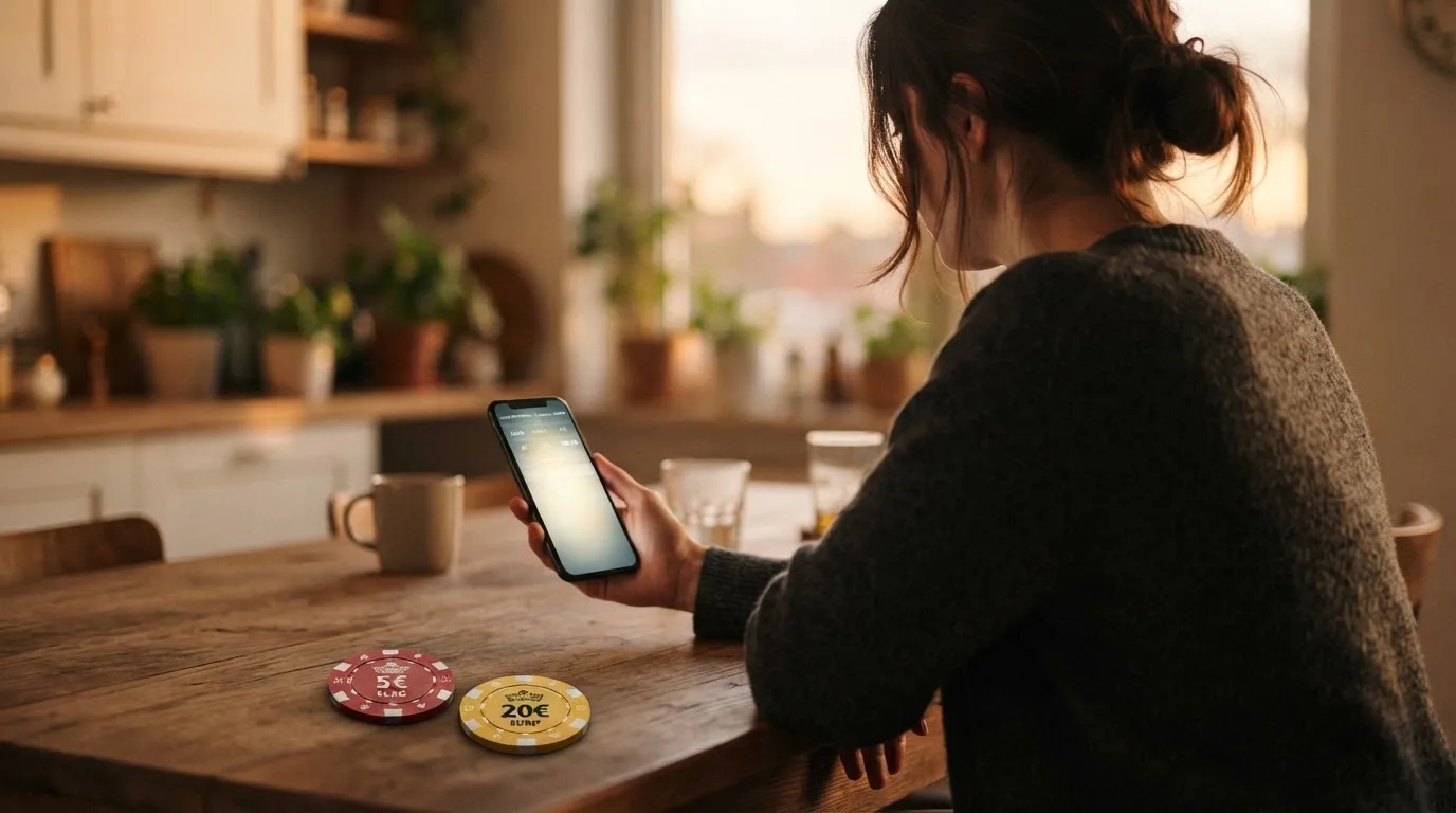 Een speler die nadenkt met een smartphone in de hand, met aan de ene kant een €5-biljet en aan de andere kant een €20-biljet.